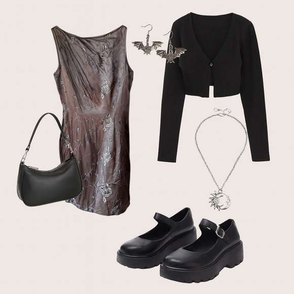 90s Vintage Embroidered Gray Sleeveless Mini Dress | Goth Grunge - Picture 6 of 6